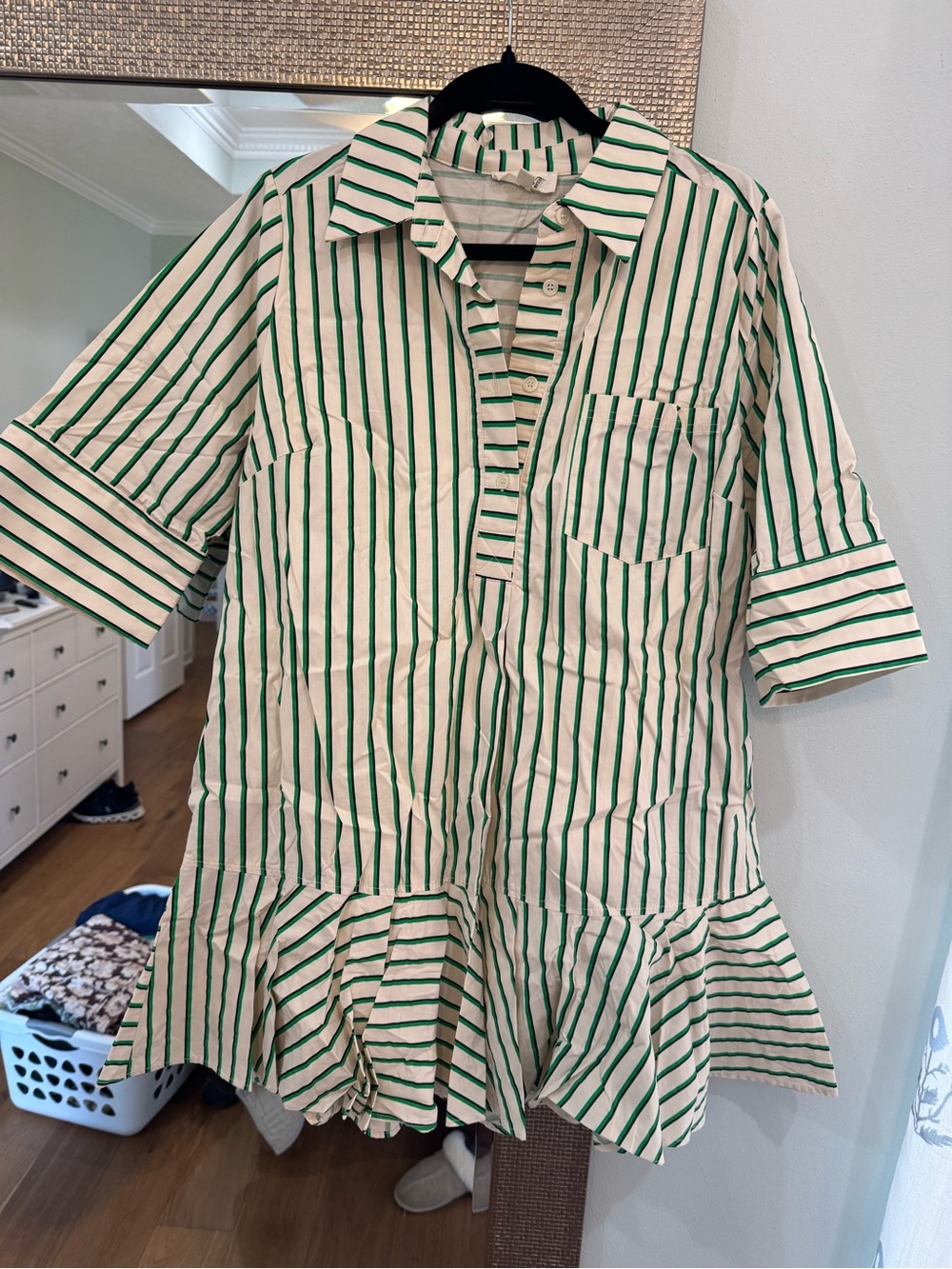 entro Green & White Striped Ruffle-Hem Shirt Dress